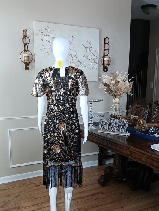 Black & Gold Art Deco Floral Cocktail Fringe V-Neck Beaded Dress New Large - Picture 10 of 16